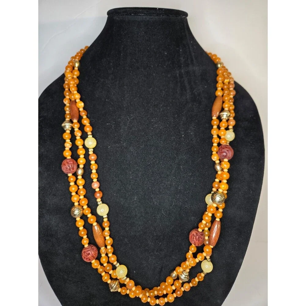 VTG Avon Necklace Orange Beaded Three Strand Gold Tone Estate Costume Jewelry
